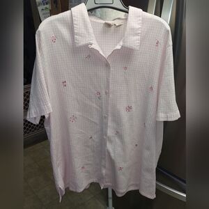 Retro Grandma Chic Pink and White Striped Button Down Top Shirt Plus Size 18W